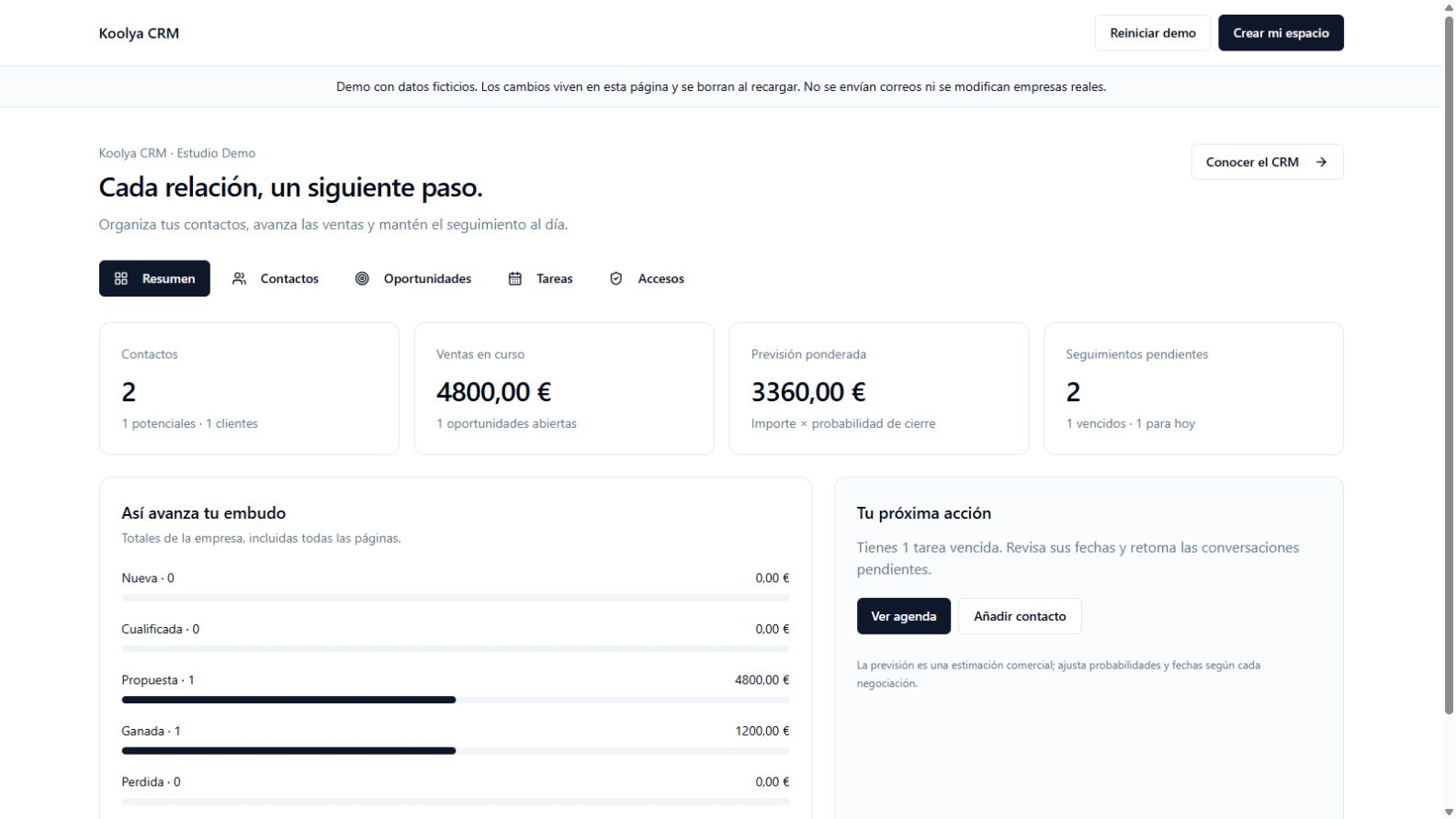 Pantalla completa de la demo del CRM de Koolya