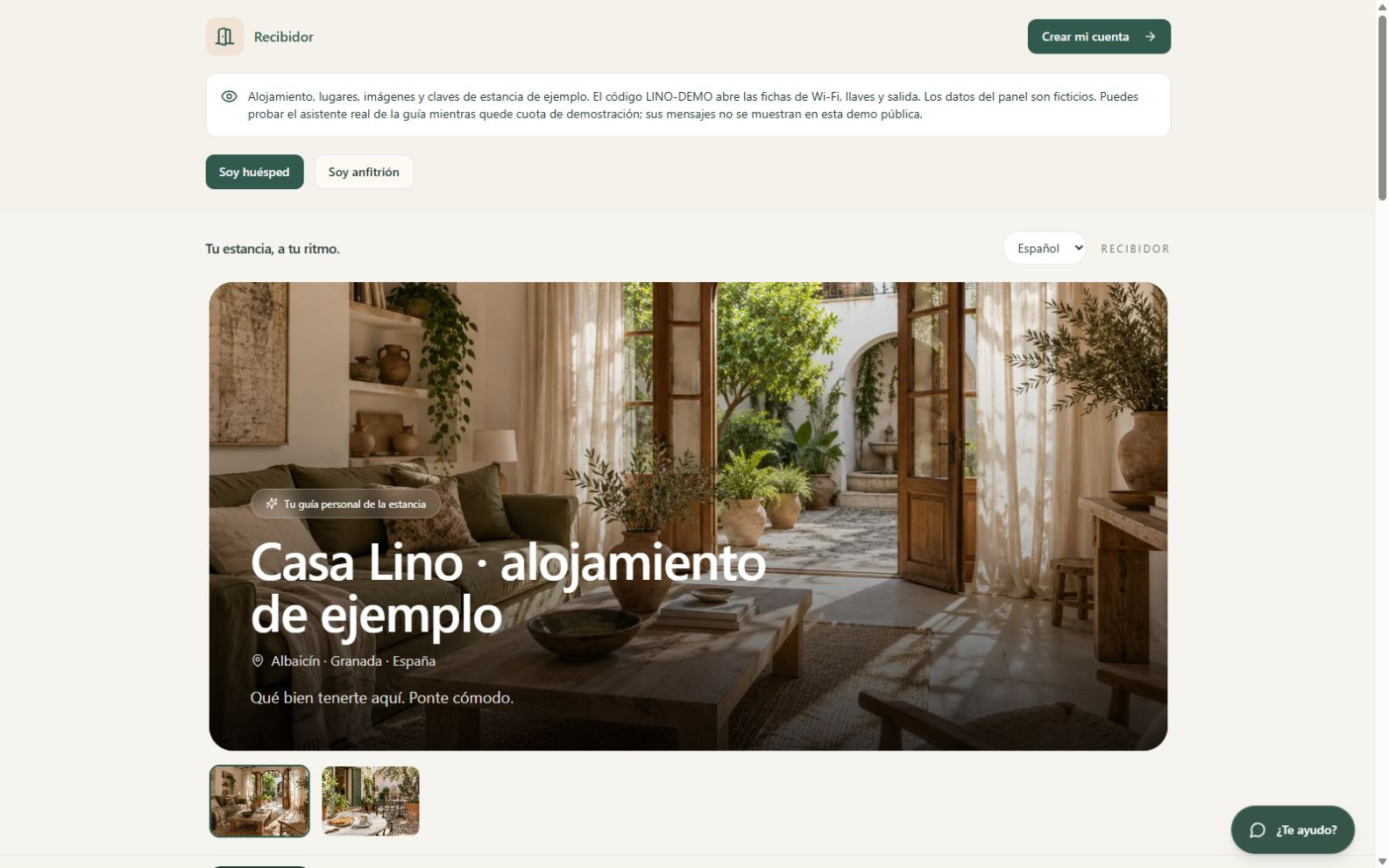 Demo de la guía digital de Recibidor con Casa Lino, alojamiento ficticio de ejemplo