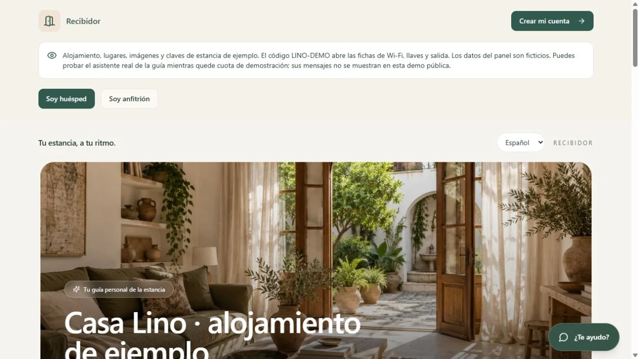 Demo de la guía digital de Recibidor con Casa Lino, alojamiento ficticio de ejemplo