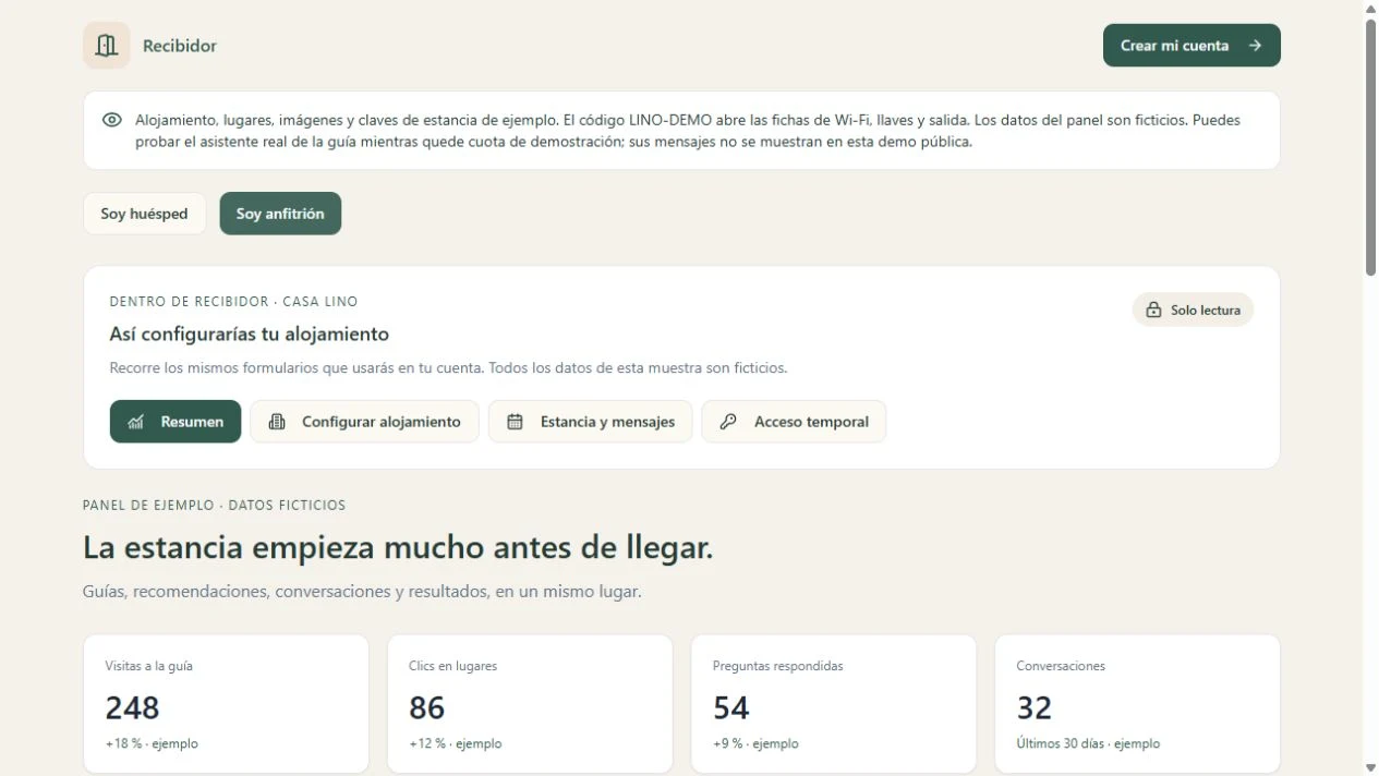 Panel de anfitrión de la demo de Recibidor; métricas y reservas son datos ficticios.