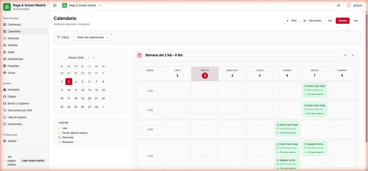 Vista semanal real del calendario de spacioos con horarios y experiencias