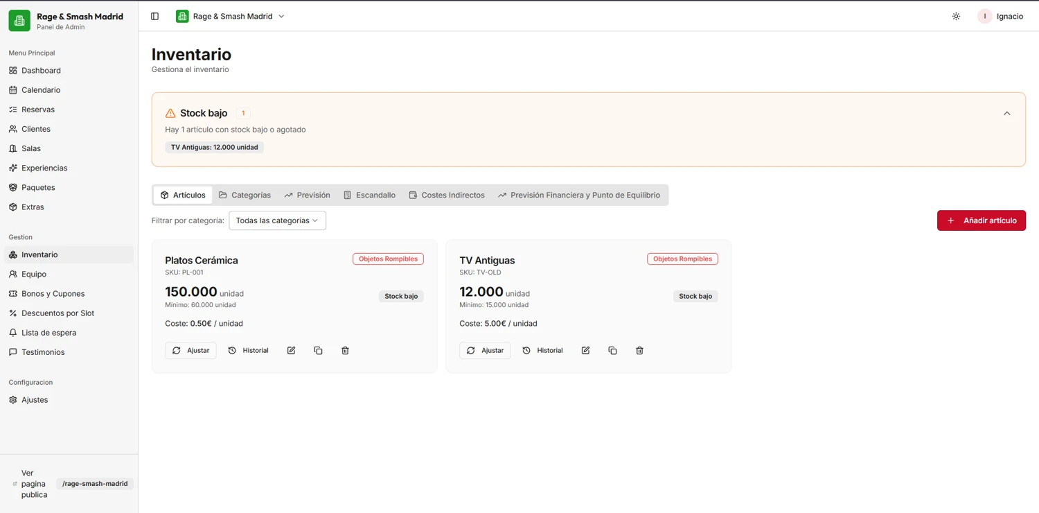 Captura del panel de inventario de spacioos. Los valores mostrados pertenecen al ejemplo de documentación.